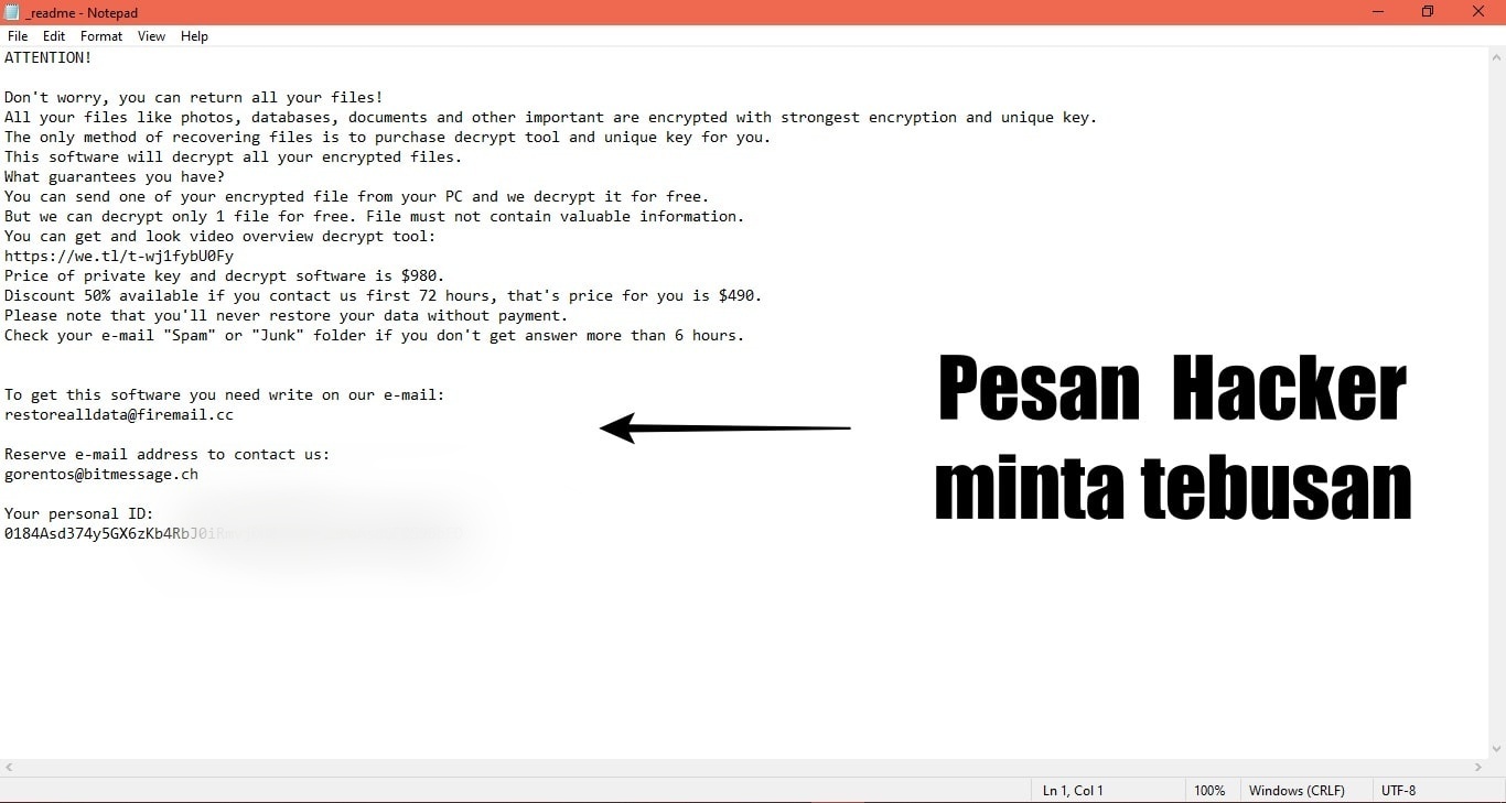 pesan hacker ransomware minta tebusan