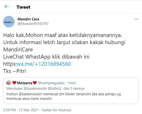 ciri-ciri akun penipu yang mengaku customer service bank