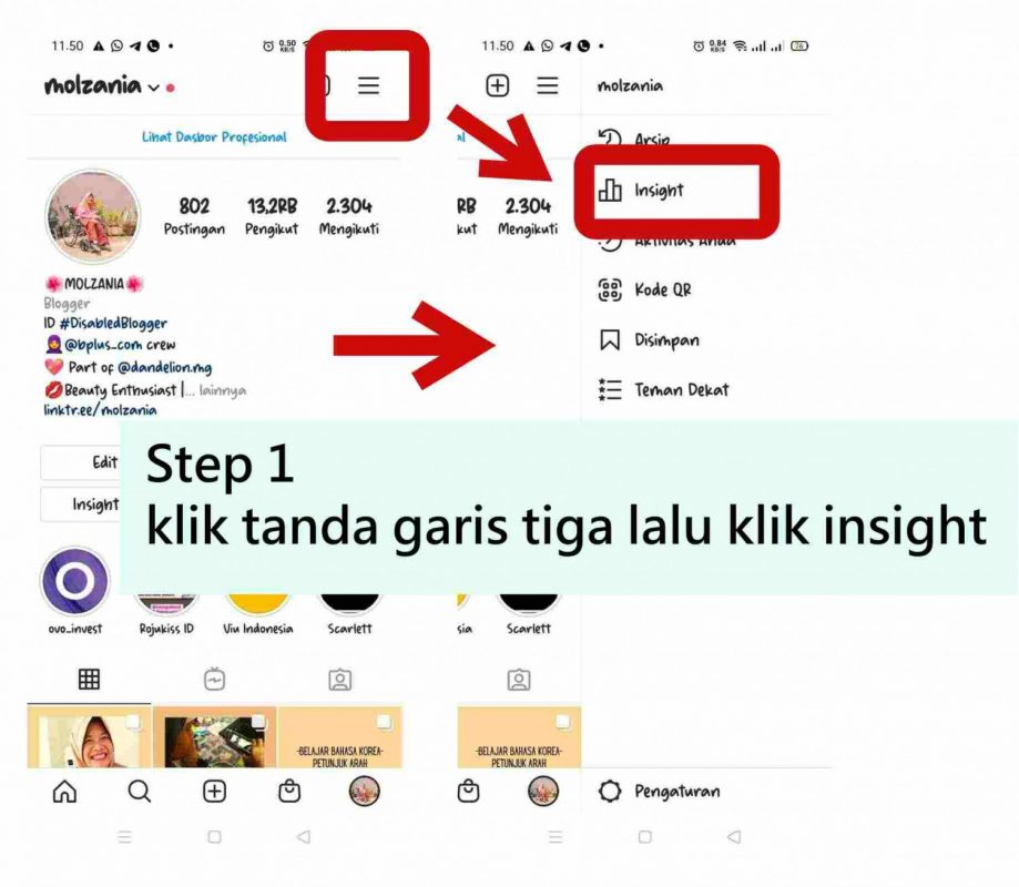 step 1 klik tombol garis tiga di bagian kanan IG lalu insight