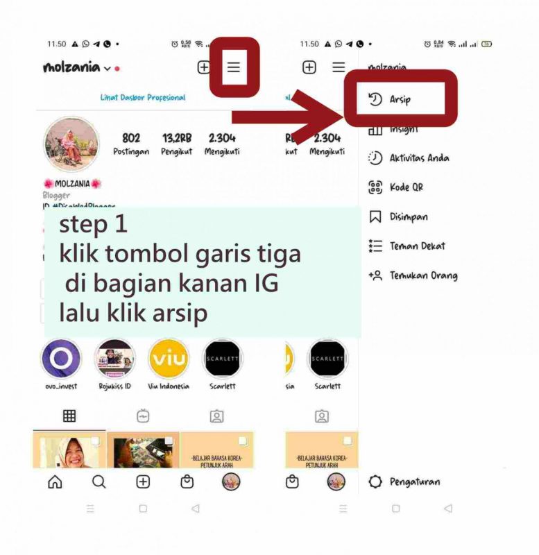 step 1 klik tombol garis tiga di bagian kanan IG lalu klik arsip