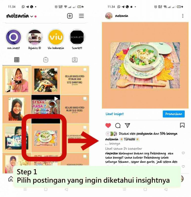 step 1 memilih postingan instagram yang ingin diketahui insightnya