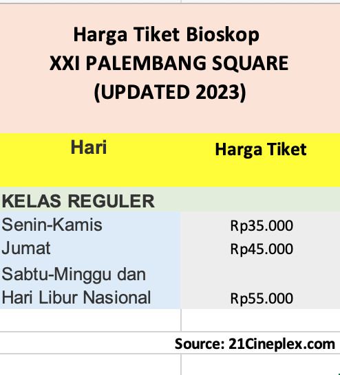 harga tiket bioskop Palembang Square