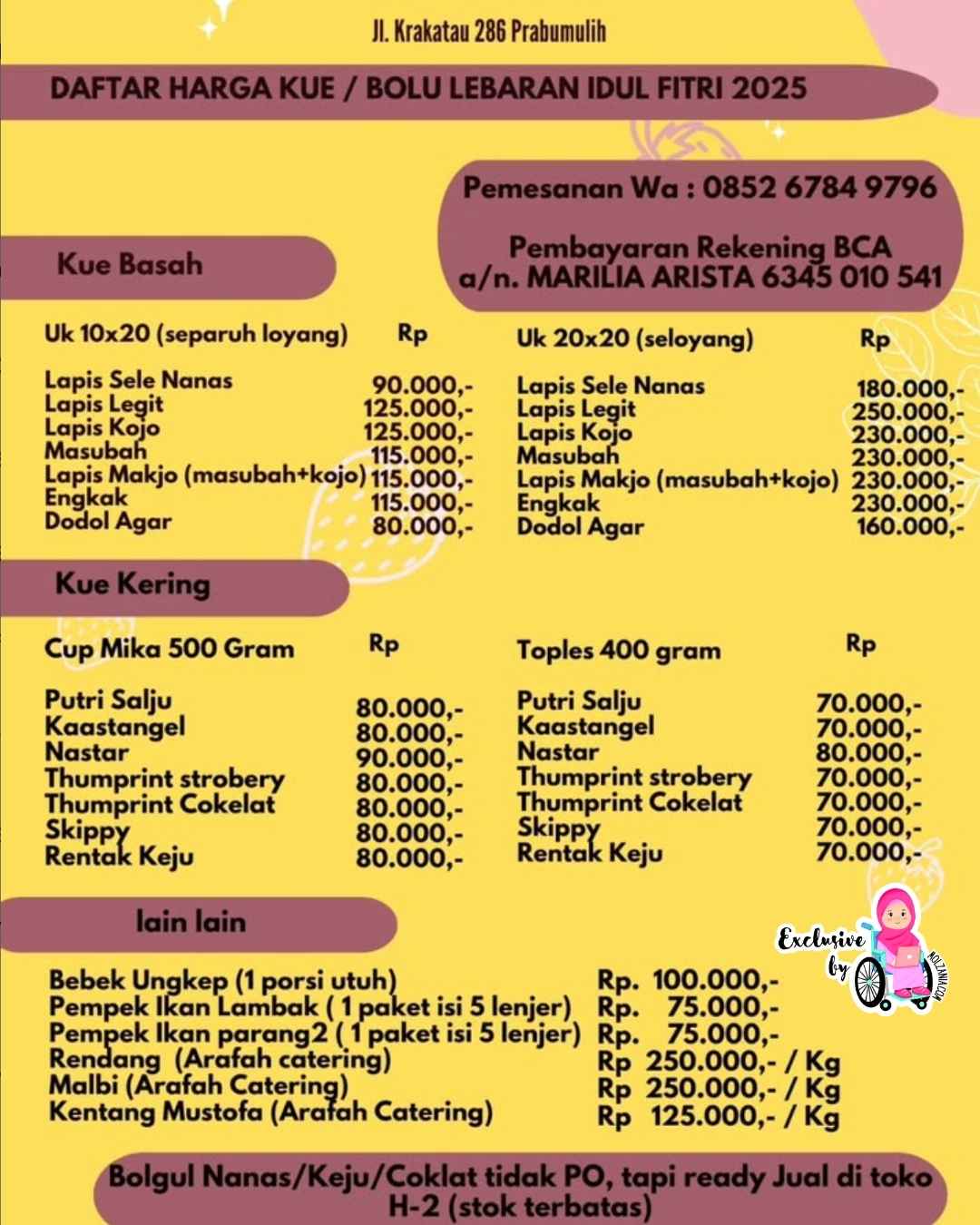 daftar kue dan harga toko kue darrel prabumulih